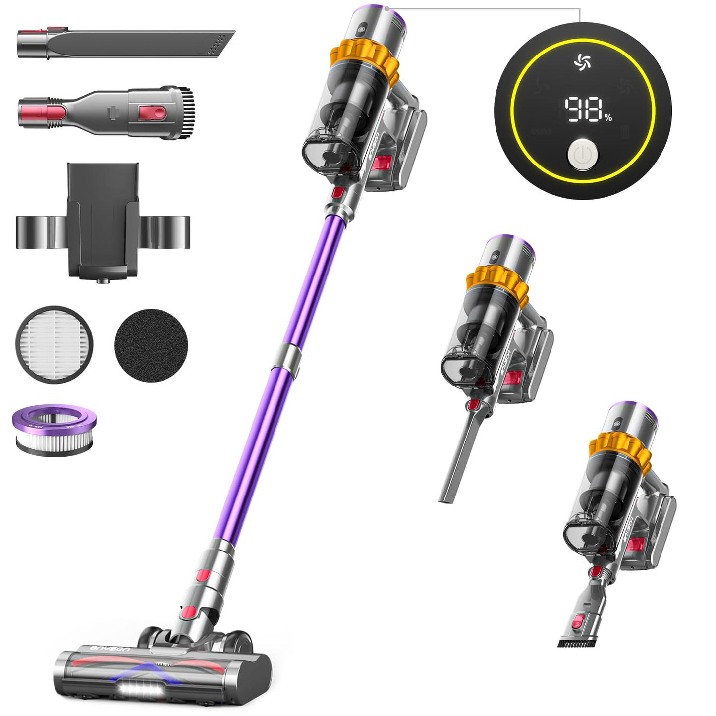 Aspiradora sin Cable 45KPa 550W 70Min Pantalla LED Filtro 8 Etapas para Alfombra y Mascotas