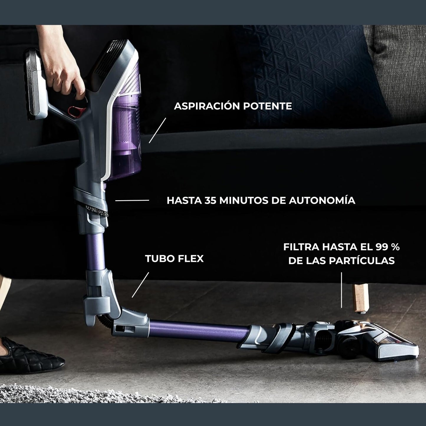 Rowenta XForce Flex 8.60 Escoba sin Cable, 22V Batería Extraíble, Tubo Flexible y LED, 35Min