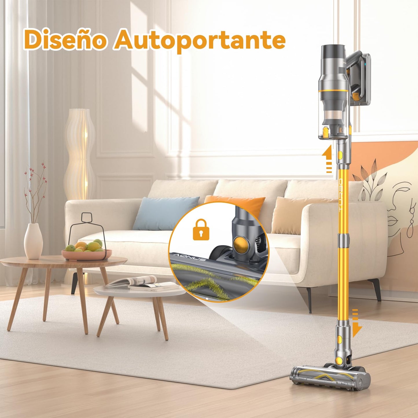 aonus Aspiradora sin Cable 45Kpa 580W 70Min, LED Táctil, Cepillo Antienredos para Alfombra y Suelo