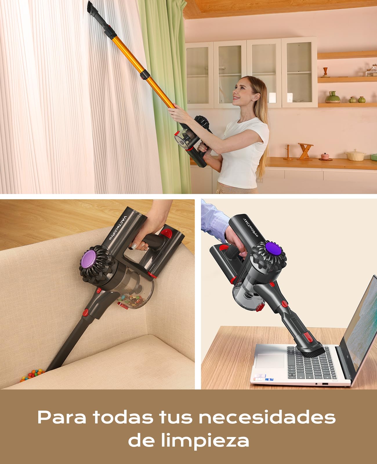 VACTechPro V15 Aspiradora sin Cable 35kPa 6 en 1 con Batería Extraíble para Suelos y Mascotas
