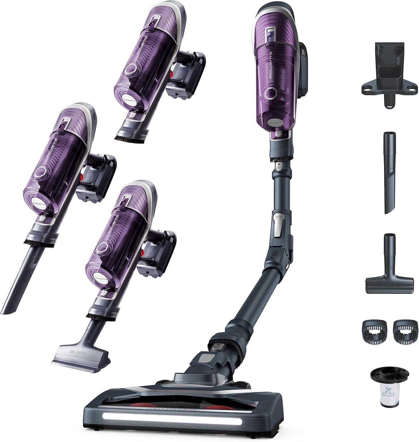 Rowenta XForce Flex 8.60 Escoba sin Cable, 22V Batería Extraíble, Tubo Flexible y LED, 35Min