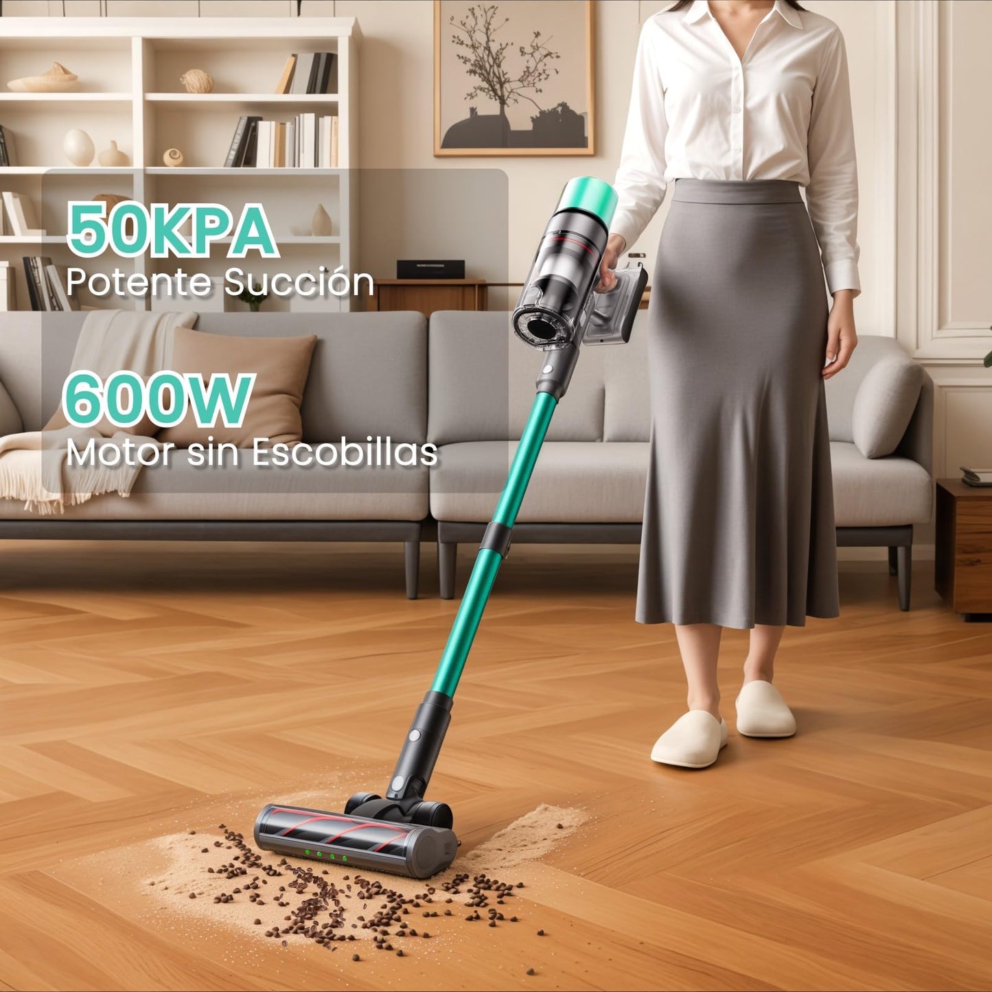 SmartAI V5 Aspiradora sin Cable 50Kpa 600W 70Min, Modo Auto, Antienredos para Suelos y Mascotas