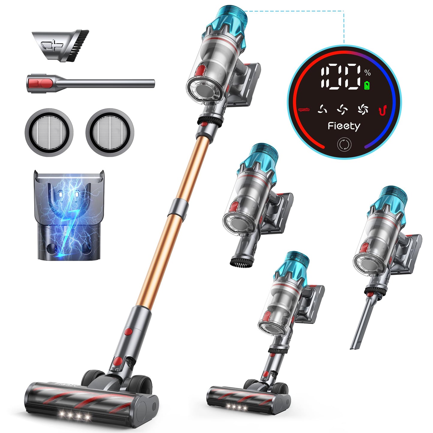 Fieety Aspiradora sin Cable 45Kpa 550W 60Min, Pantalla LED, Antienredos, para Alfombra y Suelo