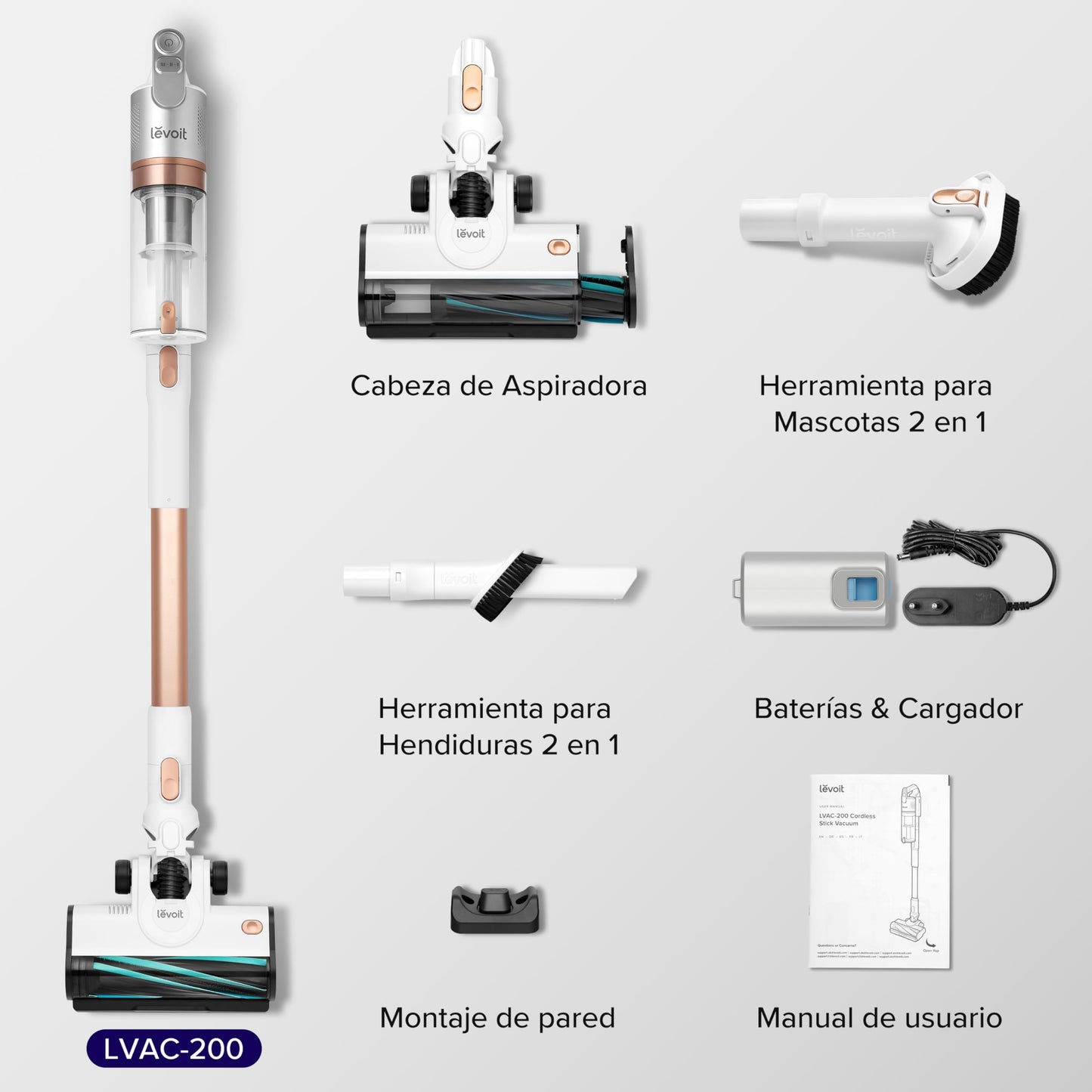 LEVOIT Aspiradora sin Cable 4 en 1, 50Min, Tecnología Antienredos, LED, para Suelo y Mascotas