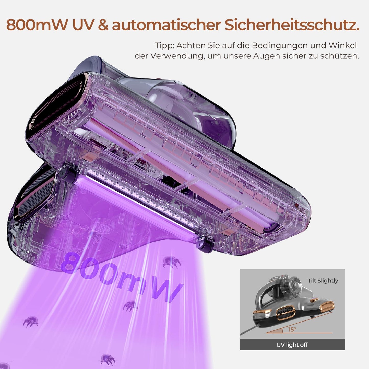 JIGOO T600 Aspiradora Antiácaros 700W 15Kpa, Luz UV, LED, Bajo Ruido, para Colchones