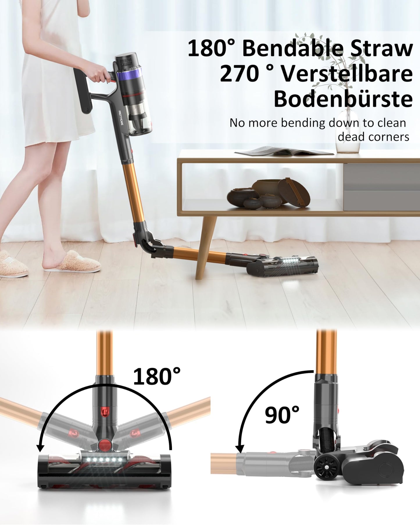 PRETTYCARE Aspiradora sin Cable 45KPa 530W 60Min con Modo Automático para Suelos y Mascotas