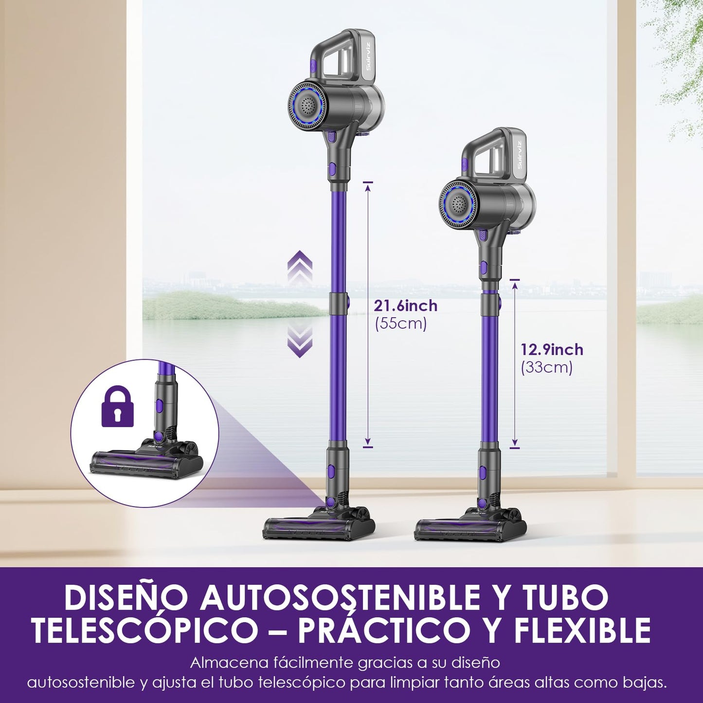 Suirviz U8 Aspiradora sin Cable 40KPa 35Min con Luz Verde, Ideal para Suelos, Alfombras y Mascotas