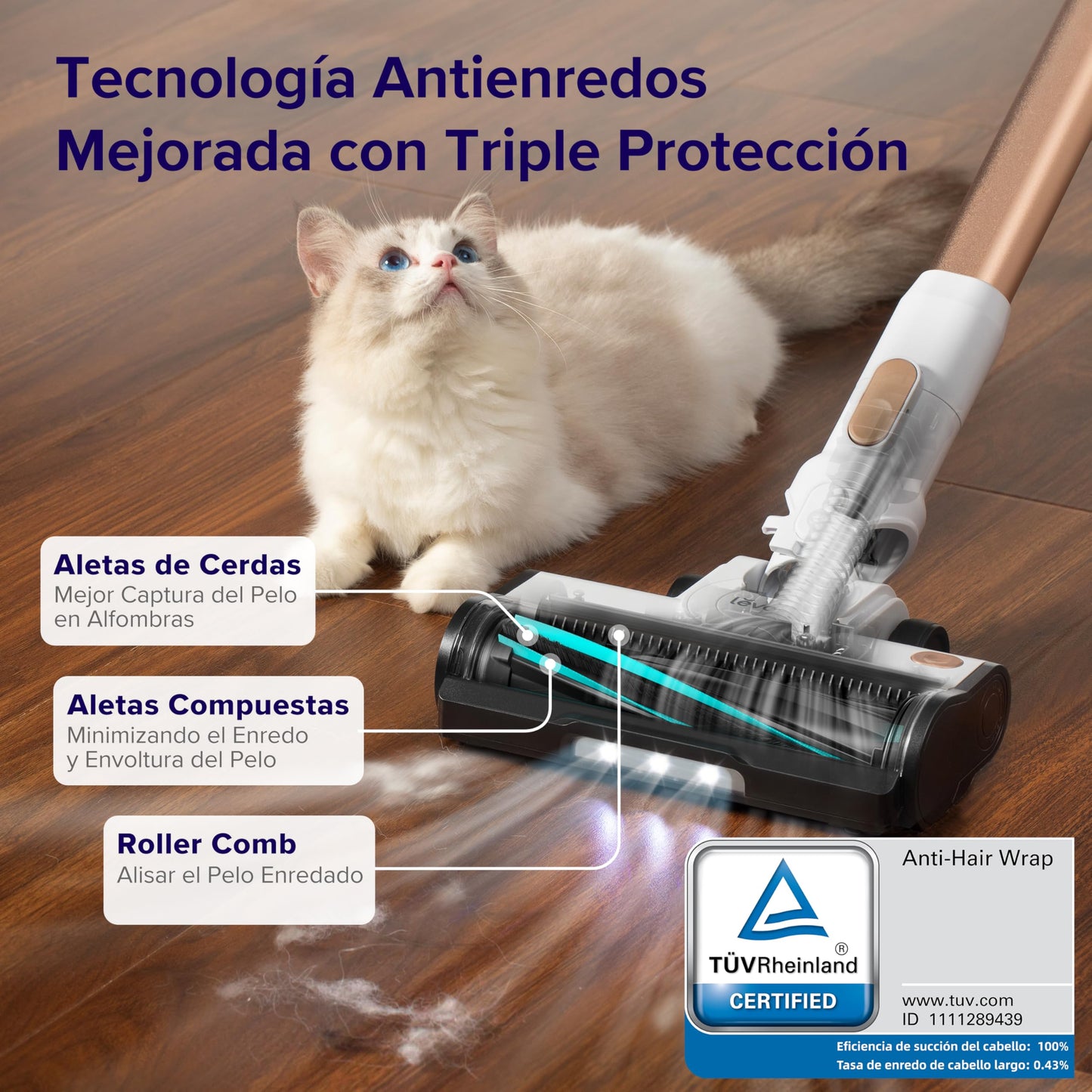 LEVOIT Aspiradora sin Cable 4 en 1, 50Min, Tecnología Antienredos, LED, para Suelo y Mascotas