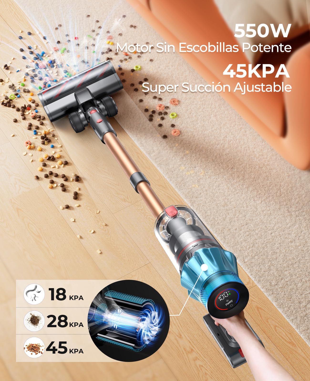Fieety Aspiradora sin Cable 45Kpa 550W 60Min, Pantalla LED, Antienredos, para Alfombra y Suelo