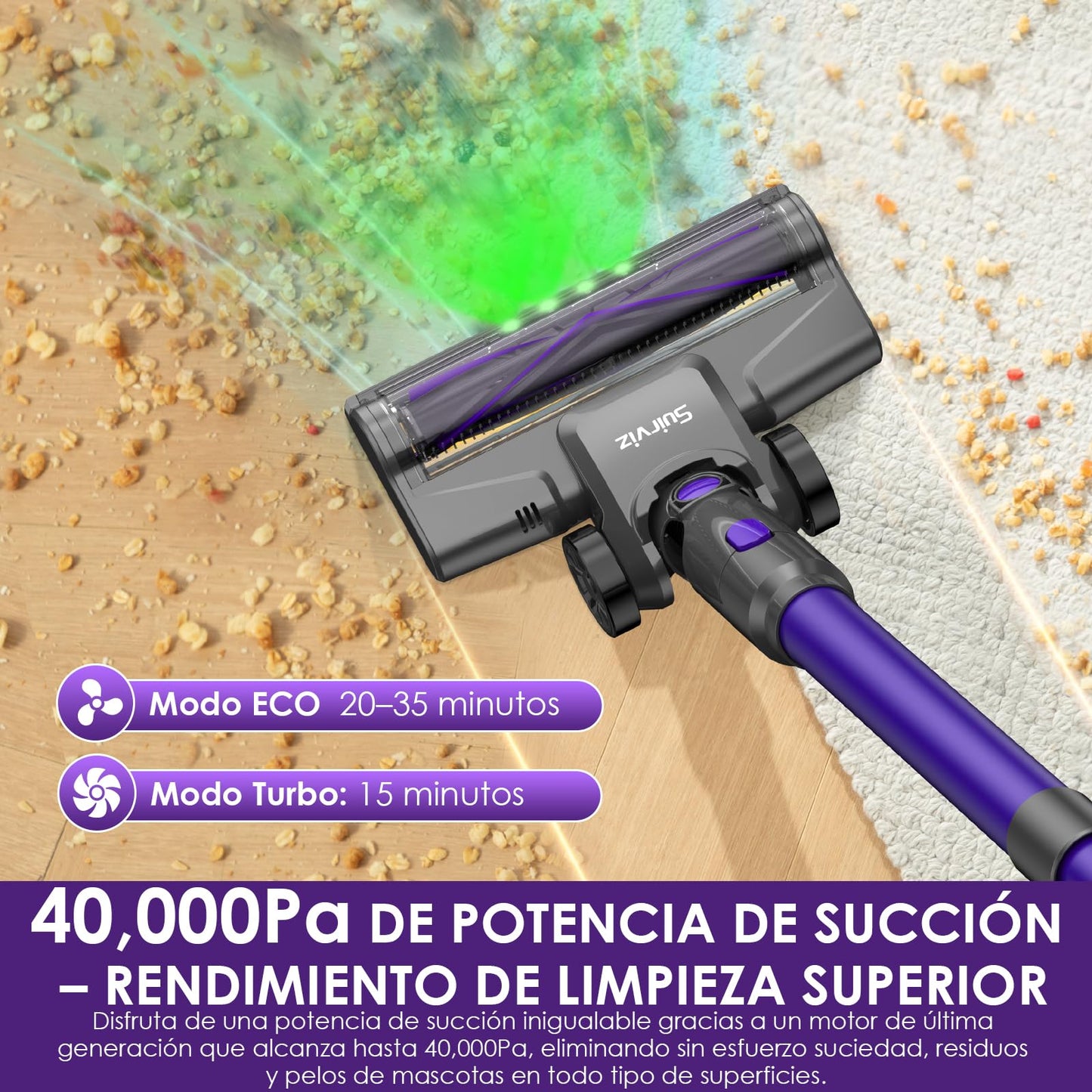 Suirviz U8 Aspiradora sin Cable 40KPa 35Min con Luz Verde, Ideal para Suelos, Alfombras y Mascotas