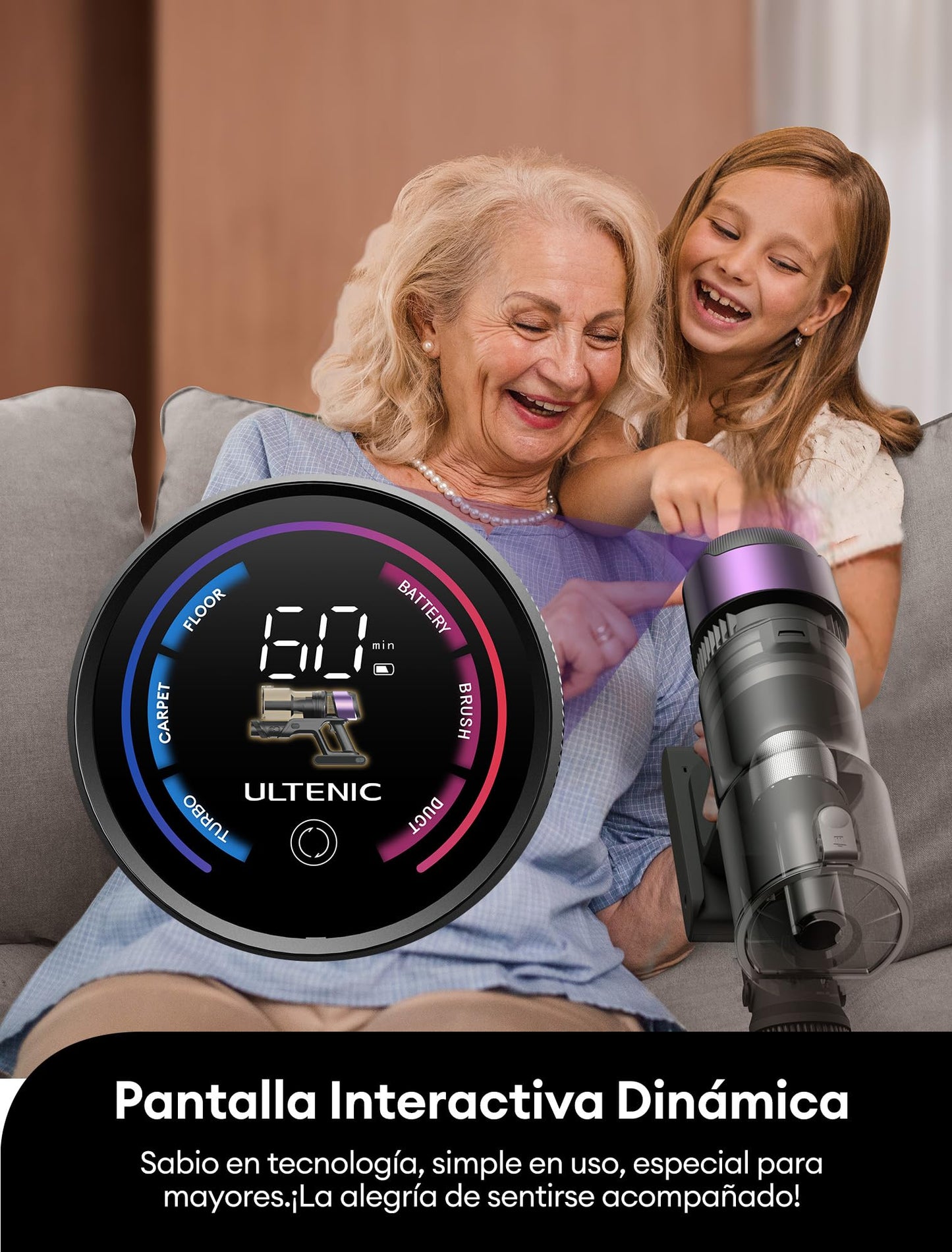 Ultenic U20 Aspiradora sin Cable 55KPa 60Min con Brazo Flexible para Limpieza Bajo Muebles