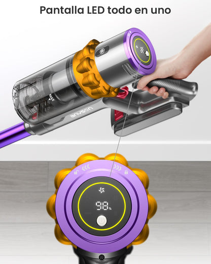 Aspiradora sin Cable 45KPa 550W 70Min Pantalla LED Filtro 8 Etapas para Alfombra y Mascotas